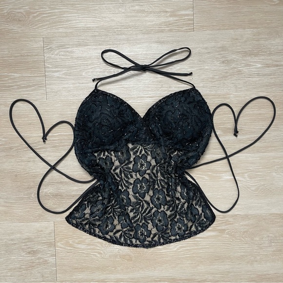 Passport Tops - PASSPORT Vintage Y2K Black Floral Sequin Fairy Sheer Open Back Halter Tank Top